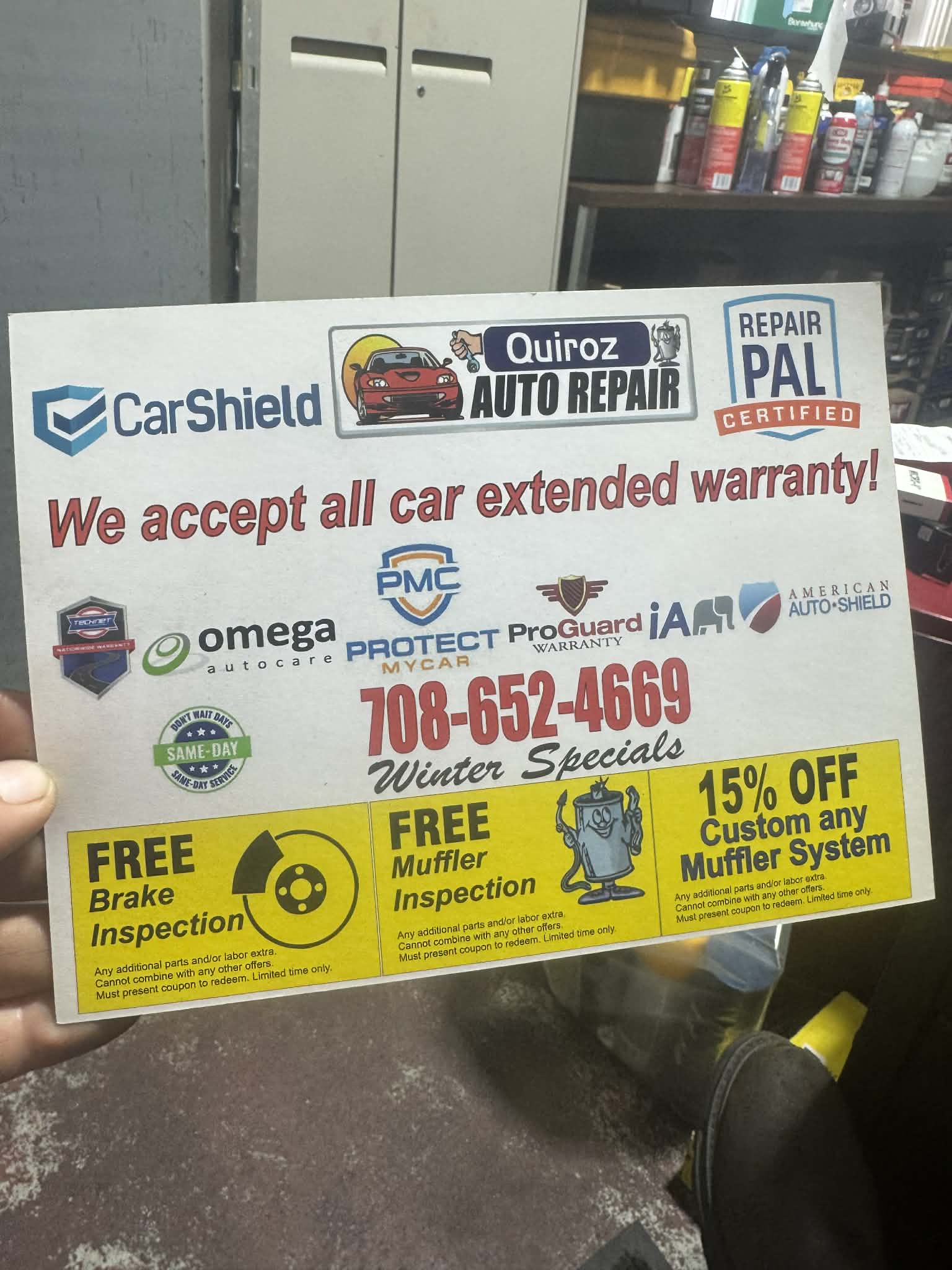 Free brake inspection, free muffler inspection, 15% off custom muffler system at Quiroz Auto Repair